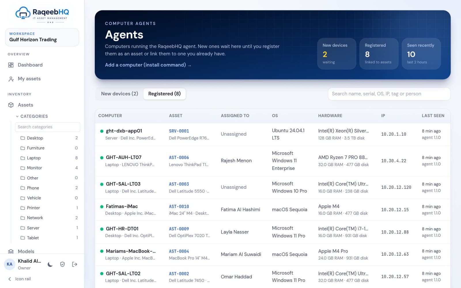 Agents page: registered computers with hostname, asset tag, holder, OS, hardware, IP and last seen