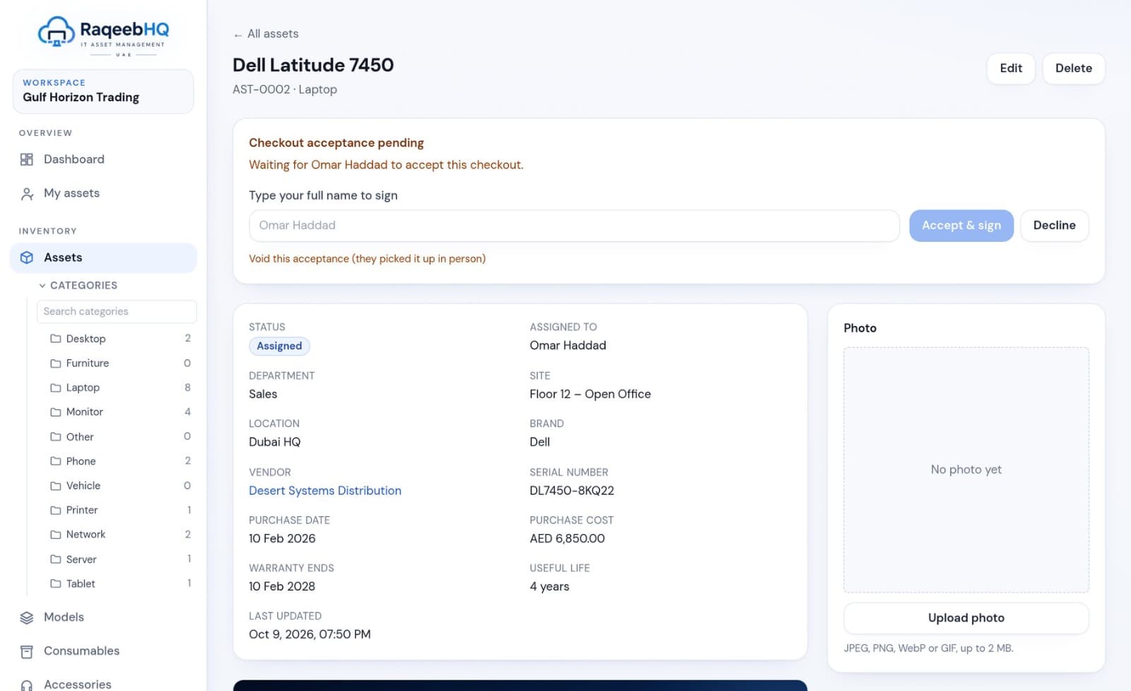 Asset record for a Dell Latitude 7450 with checkout acceptance pending