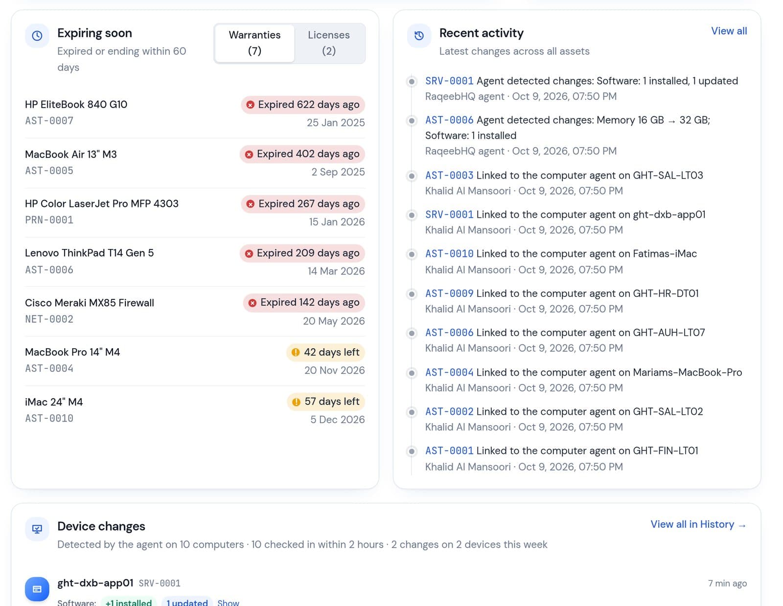 Expiring warranties, recent activity and agent-detected device changes