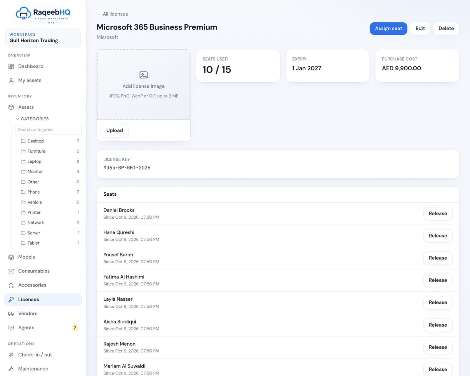 Microsoft 365 Business Premium license with seat assignments