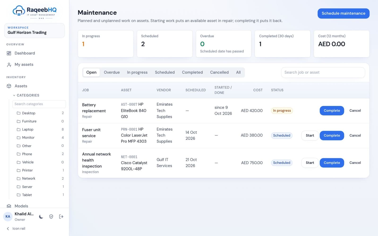 Maintenance board with in-progress and scheduled jobs