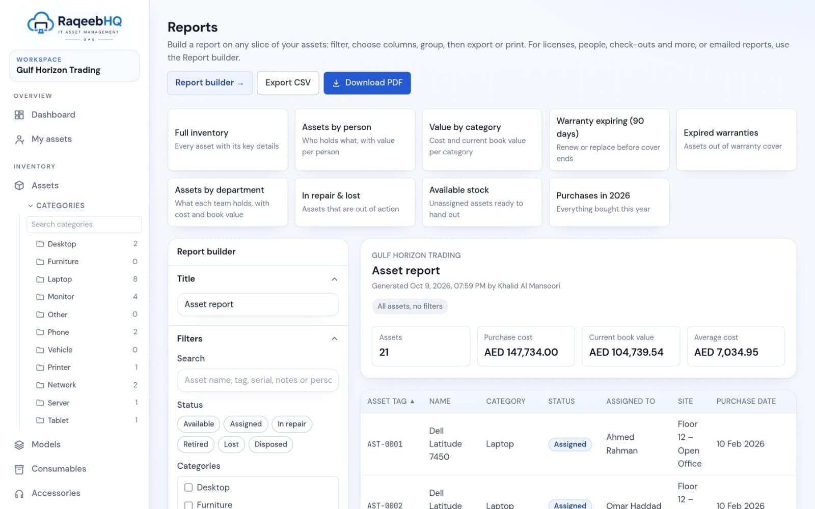 Reports page with ready-made reports and the asset report preview