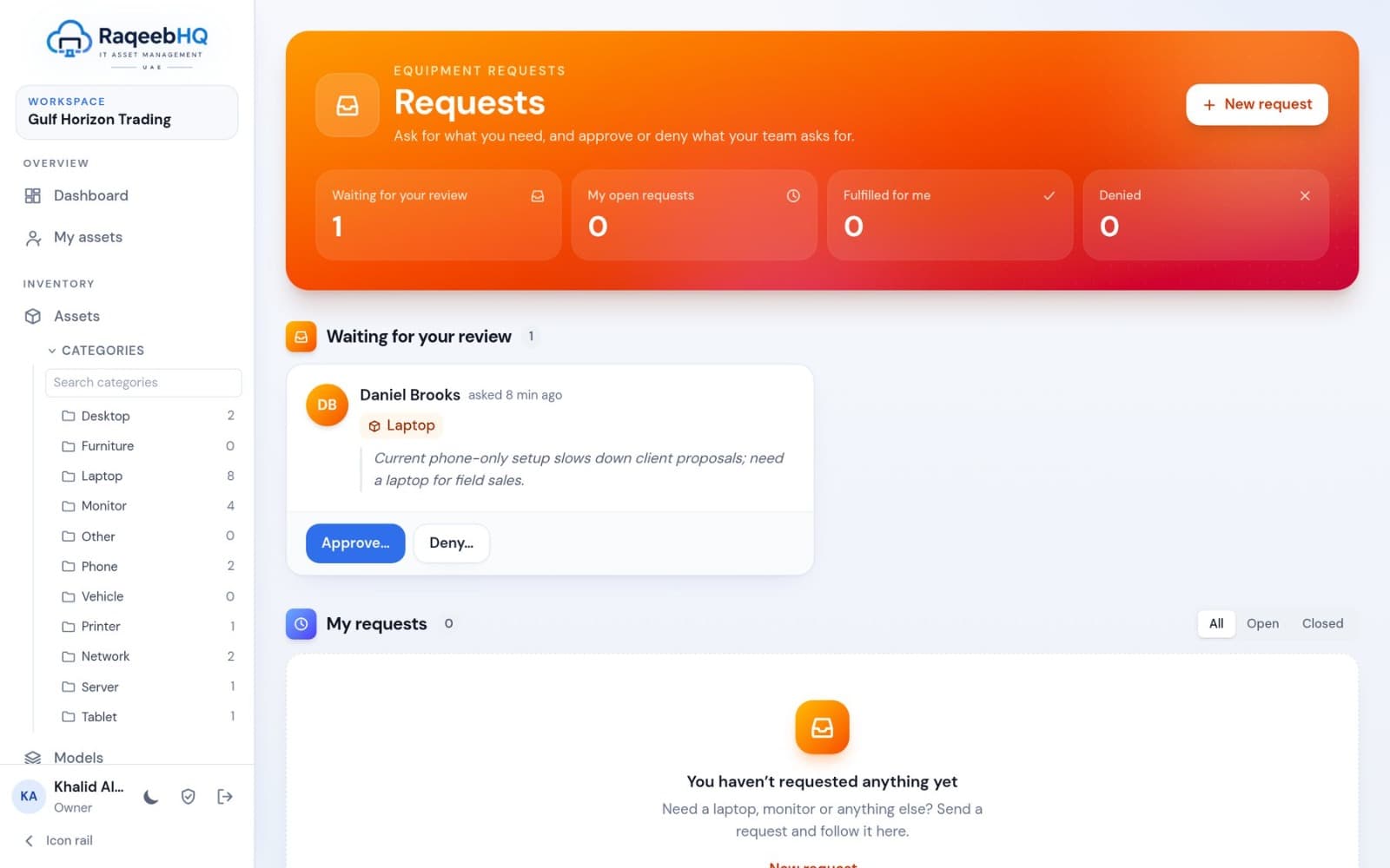 Equipment requests page with a laptop request waiting for review