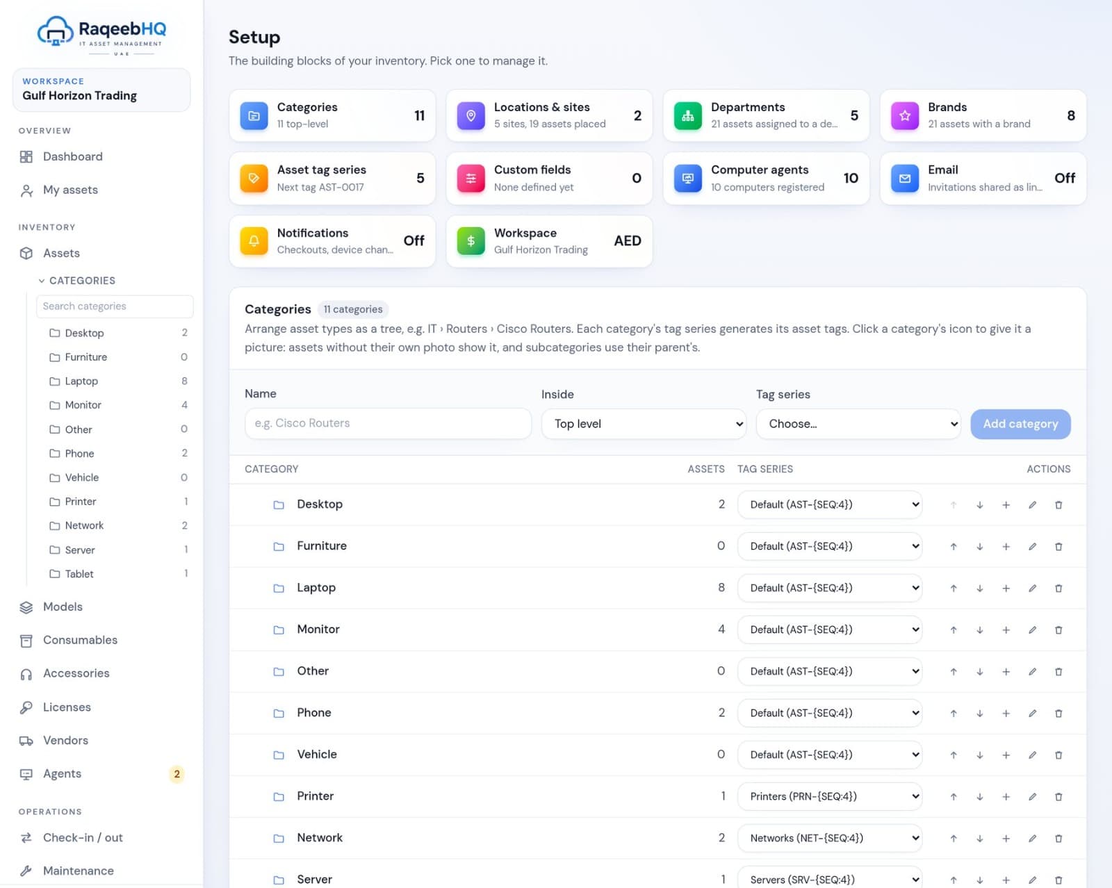 Setup page with categories, sites, departments and tag series