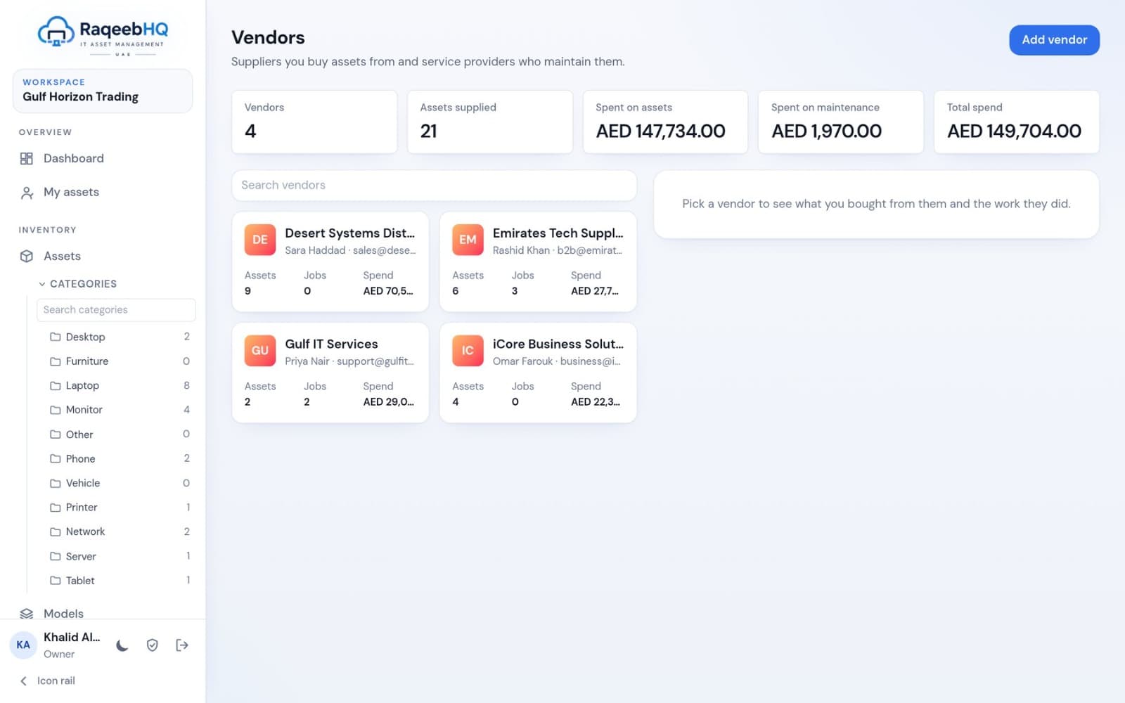 Vendors page with spend per supplier